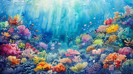 Showcase a stunning Aerial perspective of a vibrant coral reef teeming with exotic marine life, using vibrant watercolor medium to convey the tropical essence