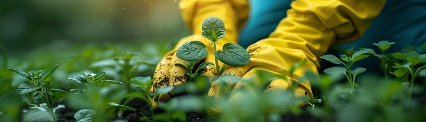 Ecologist in a field lab holding a soil sample, with environmental science symbols