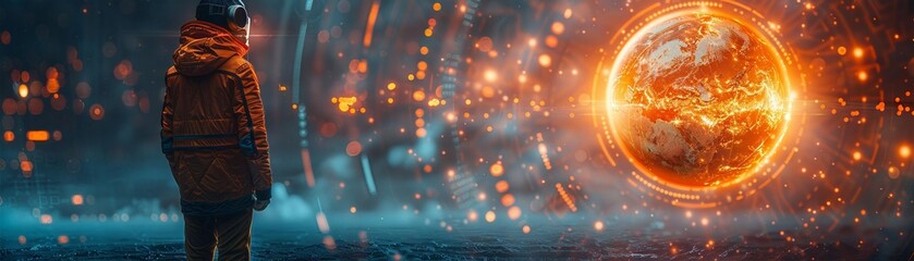 Obraz premium Explorer Facing a Fiery Holographic Earth