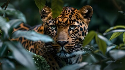 leopard in  the middle of the green leaves