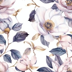 watercolor floral pattern in pastel colors, peonies and magnolia flowers on white background.
