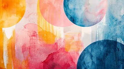watercolor Abstract painting with bright pastel colors. Pink, yellow, blue and orange watercolor circles on white background.