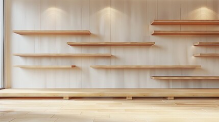 A room with brown hardwood flooring and wooden shelves on the wall