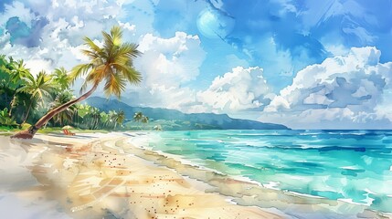 watercolor Amazing watercolor painting of a beach. A beautiful summer landscape with palm trees and blue ocean.