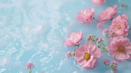   A cluster of pink blooms hovering above a tranquil blue pond, disturbed slightly by ripples at the water's depth