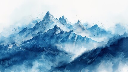 watercolor Blue watercolor painting of snow capped mountain range.