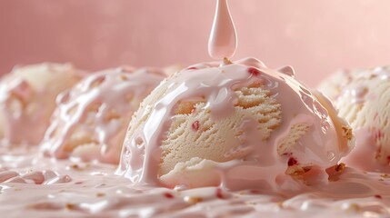 Macro photography of peachflavored ice cream scoops coated in pink icing