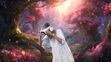 Excited smiling fantastic world woman looking around by VR in fairytale forest wonderland in pink maple leaves falling fresh air in meta magical fantasy jungle creativity pastel spring. Contraption.