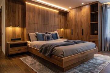 Decorative modern bed room with wooden bed and cabinet style.