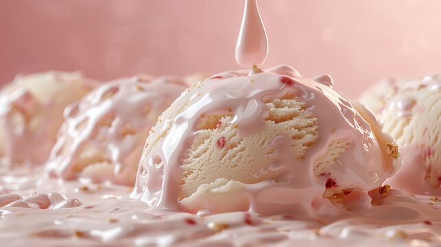 Macro photography of peachflavored ice cream scoops coated in pink icing - Powered by Adobe
