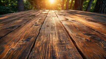  A tight shot of a sunlit wooden table, sun rays filtering through trees beyond