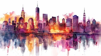 Obraz premium watercolor New York City skyline in watercolor painting. Purple, orange and blue colors.