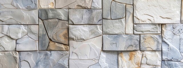 A closeup of the wall, featuring rectangular stone tiles in various shades and sizes, arranged to create an intricate pattern with light gray and beige tones.