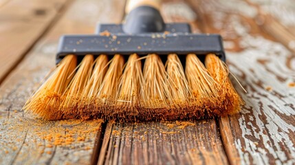   A tight shot of a broom against a wooden floor, bristles atop the handle