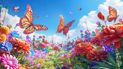 I imagine a colorful illustration of a butterfly perched delicately on a vibrant flower, set against a backdrop of an underwater scene The scene includes fish, coral, and other sea creatures, creating