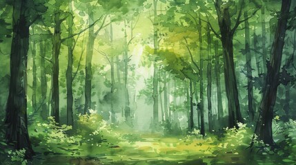 Obraz premium watercolor The green forest is a beautiful place to visit. The trees are tall and lush, the air is fresh and clean. It's a great place to relax and enjoy the peace and quiet of nature.