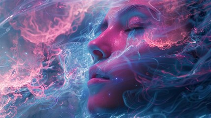 The image could be a mesmerizing abstract representation combining elements of smoke, light, and motion, inspired by the magic of the mind, geometry, and soul It features swirling patterns and smooth 