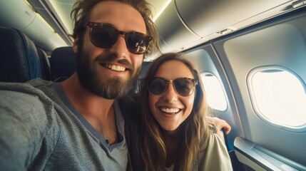 Traveler taking a selfie onboard an airplane - Summer vacationing couple having a good time - Passengers boarding the aircraft - Vacations and transportation idea