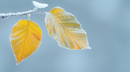   A few yellow leaves atop a snow-covered tree branch with an icy layer, glowing under the sun