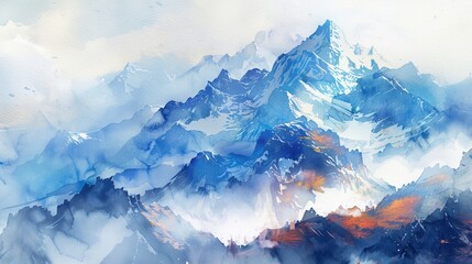 watercolor The image is of snow-capped mountains with clouds and sky in shades of blue.