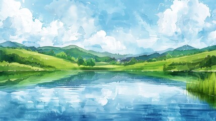 watercolor The image shows a beautiful watercolor landscape painting of a lake and mountains in the distance. The sky is blue and cloudy and the water is calm.