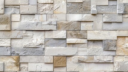 A closeup of the wall, featuring rectangular stone tiles in various shades and sizes, arranged to create an intricate pattern with light gray and beige tones.