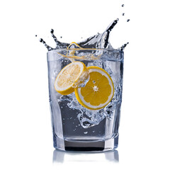 A glass of sparkling water with ice cubes and fresh lemon slices. Perfect beverage for a sunny day. Transparent background.