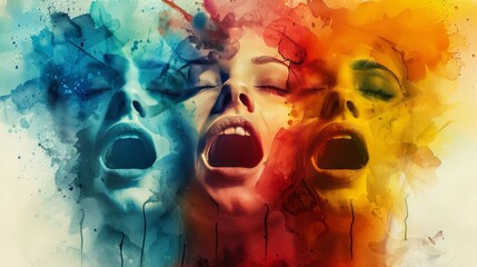 watercolor The image shows three colorful faces screaming in agony