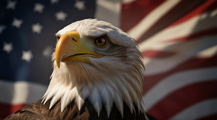 North American Bald Eagle on American flag. Generative. Ai
