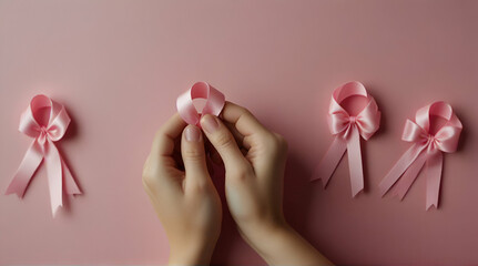 Pink October Breast Cancer Awareness month, woman with pink Ribbon in hospital for support people life and illness. National cancer survivors month, Mother and World cancer day concept .Generative.Ai
