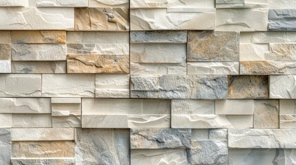 A closeup of the wall, featuring rectangular stone tiles in various shades and sizes, arranged to create an intricate pattern with light gray and beige tones.