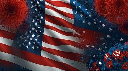 Close up of ruffled American flag. Satin texture curved flag of USA. Memorial Day or 4th of July. Banner, freedom concept. Generative .Ai

