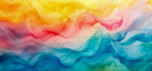 A colorful painting of a wave with a blue and yellow background