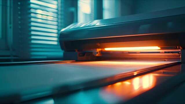Closeup of copier printer, scanning document, office tool