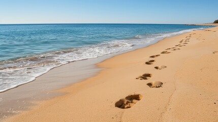   A sandy beach with footprints in the sand, a body of water on one side, and a line of trees on the opposite side