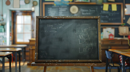 Black board with math formulas in old vintage classroom