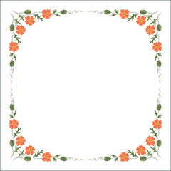 Green vegetal ornamental frame with leaves and poppy flowers, decorative border, corners for greeting cards, banners, business cards, invitations, menus. Isolated vector illustration.	
