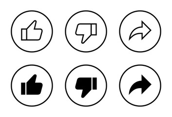 Like, dislike, and share icon circle line. Social media elements