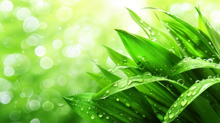Fototapeta premium A tight shot of a verdant plant dotted with water beads, backdropped by a soft bokeh of light