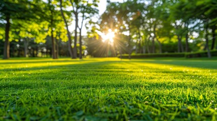   A lush field of green grass dotted with trees Sun rays filter through leaves on the opposite side