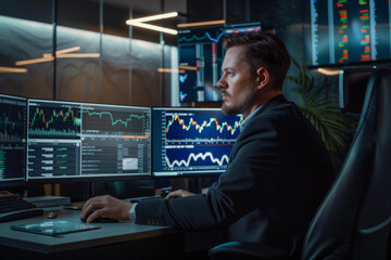 A confident businessman in a suit sits and watches a trading board displaying charts, graphs, and real-time data stocks.