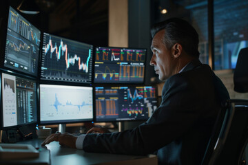 A confident businessman in a suit sits and watches a trading board displaying charts, graphs, and real-time data stocks.