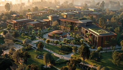 digital 3D rendering of a futuristic school campus from a birds eye view Incorporate sleek architecture, innovative learning spaces, and bustling student life with photorealistic textures and