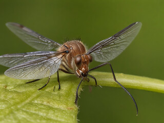 Fototapeta premium Closeup on a dance fly, Empis livida sitting on a green leaf