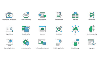 Two colors icon set of information technology. Modern Vector Technology icon set.Information Technology. Data security. Vector icon on a transparent background