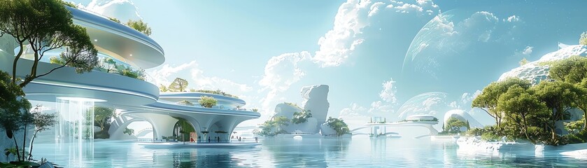 futuristic digital rendering of a utopian floating city in the clouds, showcasing advanced healthcare facilities and lush gardens