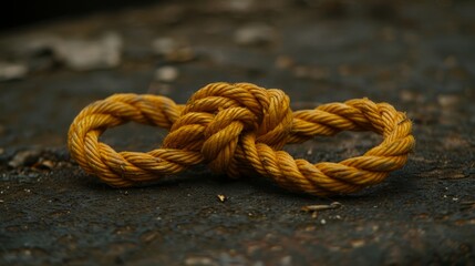   A tight shot of two yellow ropes on the ground One is coiled up with a knot at its end, while the other lies flat with a knot near its midpoint
