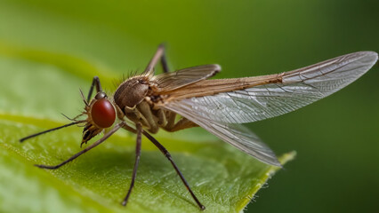 Closeup on a dance fly, Empis livida sitting on a green leaf

