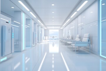 Empty modern hospital corridor with rooms and seats waiting room in medical office. Healthcare service interior
