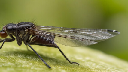 Closeup on a dance fly, Empis livida sitting on a green leaf

